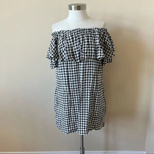 Neiman Marcus gingham check off the shoulder dress black white 5143